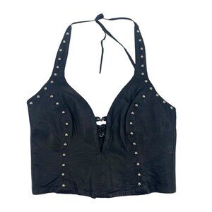 Rebel Spirit Black Studded Halter Leather Crop Top